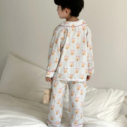 -ストライプくま/リボンプリント長袖パジャマセットアップ 2点セット【mh0011232】 - mamahalo shop - 長袖パジャマ -  べビー服 - 子供服 - 男の子 - 女の子