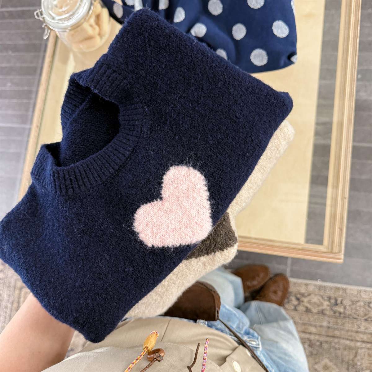 長袖ニット ハート柄プルオーバー クルーネック ゆるシルエット【mh0011432】