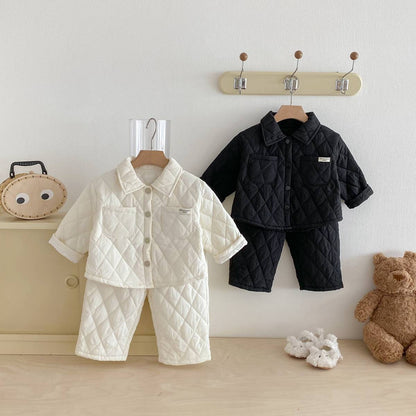 -長袖キルティングジャケット+パンツ セットアップ 2点セット 防寒 中綿ダイヤ柄【mh0011387】 - mamahalo shop - 長袖セットアップ -  べビー服 - 子供服 - 男の子 - 女の子