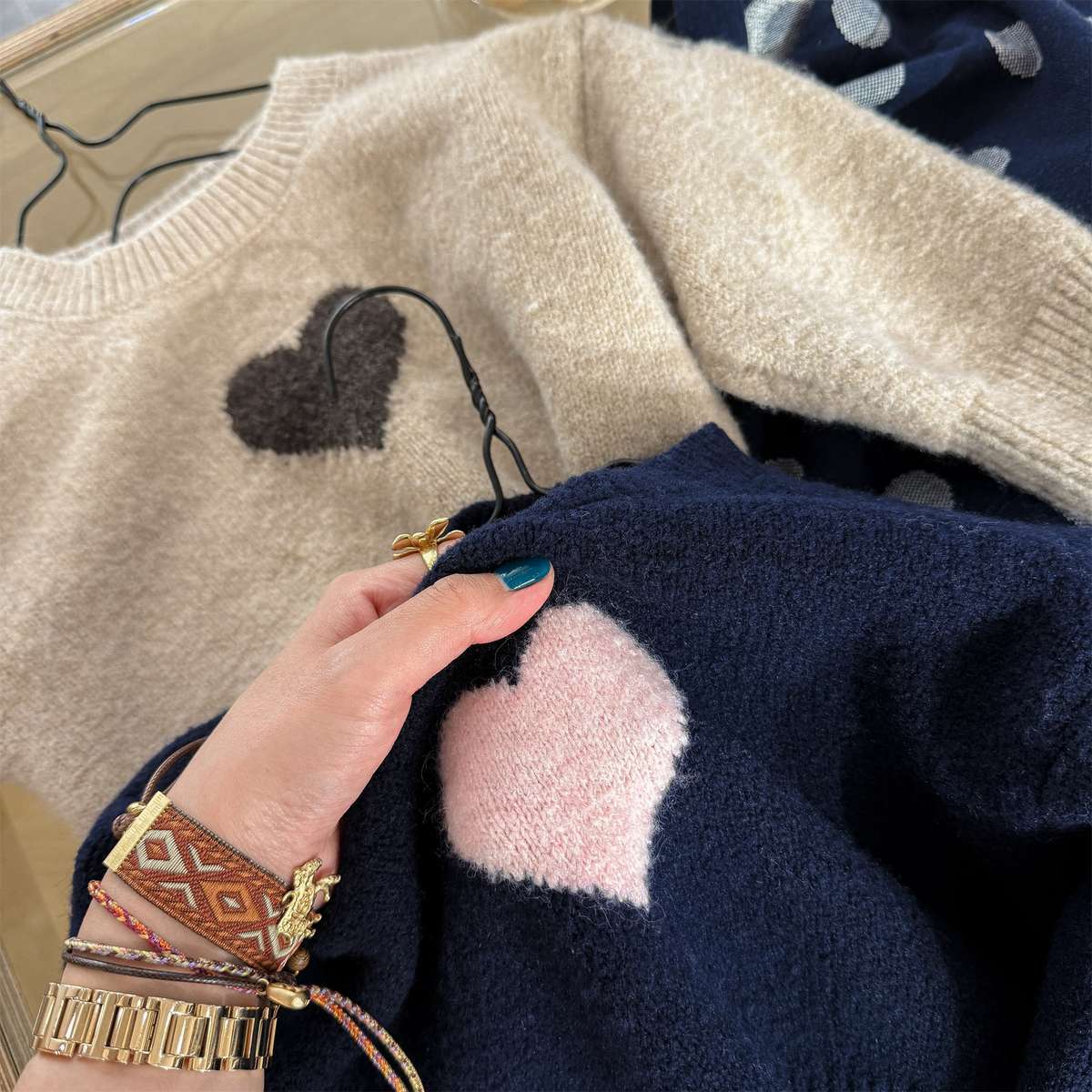 長袖ニット ハート柄プルオーバー クルーネック ゆるシルエット【mh0011432】