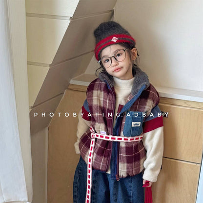 -チェック柄ベスト 裏ボア デニムポケット 中綿入り アウター【mh0011418】 - mamahalo shop - ベスト -  べビー服 - 子供服 - 男の子 - 女の子