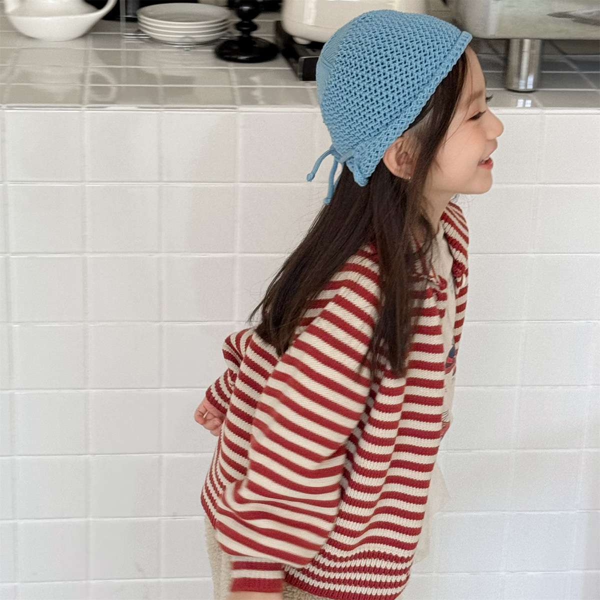 ボーダーニットカーディガン 襟付き 長袖 ボタン開閉 トップス【mh0011431】