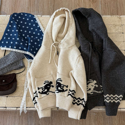 ニットフーディ ジップアップ ノルディック柄 カーディガン【mh0011430】