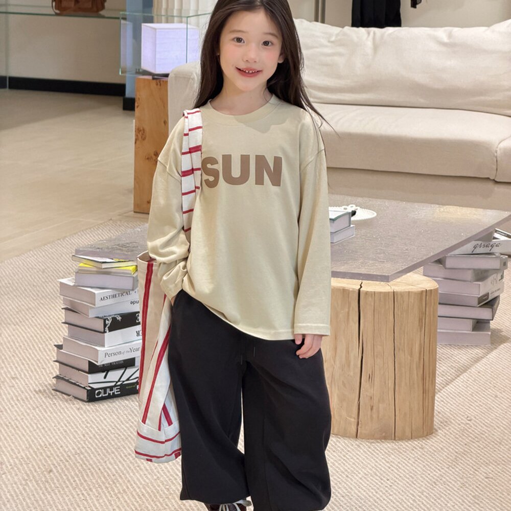 キッズ ジュニア 英字ロゴ プリント クルーネック 長袖Tシャツ【mh0014421】