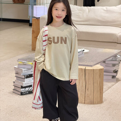 キッズ ジュニア 英字ロゴ プリント クルーネック 長袖Tシャツ【mh0014421】