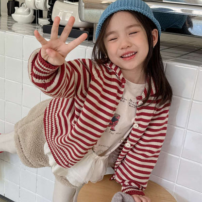 ボーダーニットカーディガン 襟付き 長袖 ボタン開閉 トップス【mh0011431】