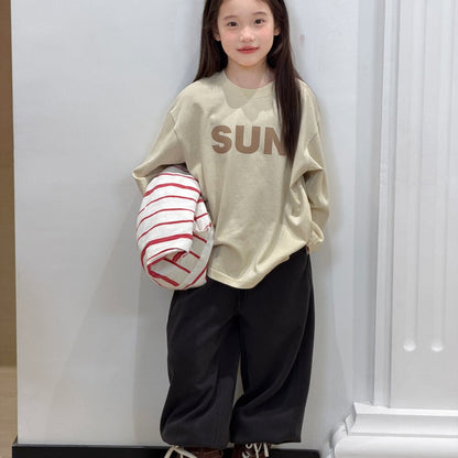 キッズ ジュニア 英字ロゴ プリント クルーネック 長袖Tシャツ【mh0014421】