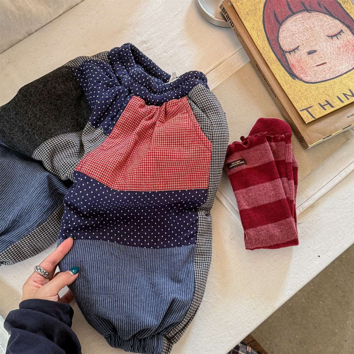 -パッチワークロングパンツ デニム調 キルティング 中綿入り【mh0011424】 - mamahalo shop - ロングパンツ・スウェットパンツ -  べビー服 - 子供服 - 男の子 - 女の子