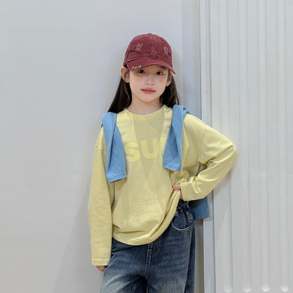 キッズ ジュニア 英字ロゴ プリント クルーネック 長袖Tシャツ【mh0014421】