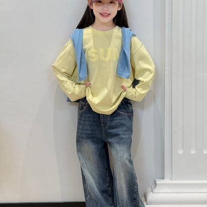 キッズ ジュニア 英字ロゴ プリント クルーネック 長袖Tシャツ【mh0014421】