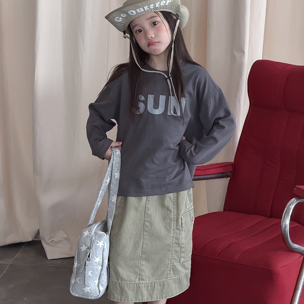 キッズ ジュニア 英字ロゴ プリント クルーネック 長袖Tシャツ【mh0014421】