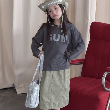 キッズ ジュニア 英字ロゴ プリント クルーネック 長袖Tシャツ【mh0014421】