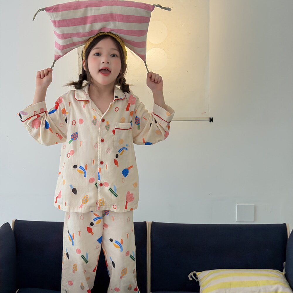 キッズ ジュニア 総柄 コットンガーゼ パジャマ ルームウェア セット【mh0014423】