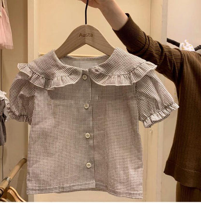 -ベビー フリルカラー チェック 半袖 ブラウス ガールズ【mh0002440】 - mamahalo shop - 半袖シャツ・ブラウス -  べビー服 - 子供服 - 男の子 - 女の子