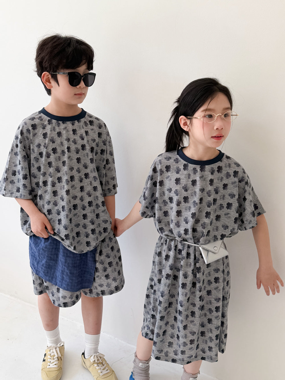 Clover Casual Summer Matching Items クローバー 半袖Tシャツ ハーフパンツ 半袖ワンピース【mh0013528】