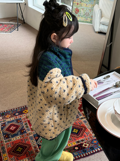 Mo Xiao Meng Children's Wool Sweater 2026 Winter Girls' Korean Color-Block Patchwork Sherpa Jacket Children's Thickened Cotton Jacket【mh0014694】