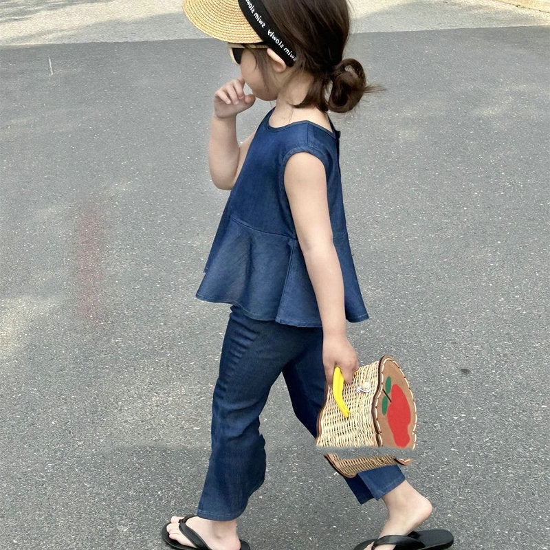 Kids' Denim Sleeveless Peplum Blouse and Flare Pants Set [mh0001861]