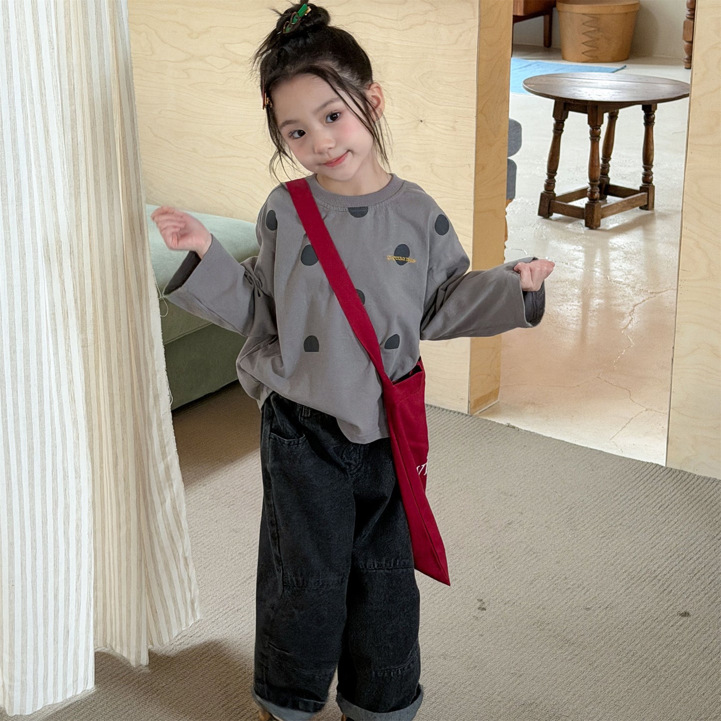 キッズ ドット柄 ルーズ 長袖Tシャツ【mh0014067】