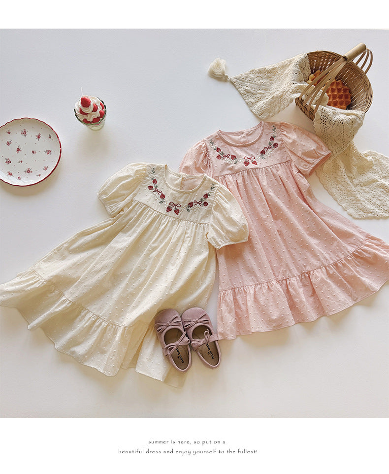 Strawberry Embroidery Dotted Cotton Dress いちご 半袖ワンピース【mh0013653】