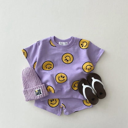 ベビー用半袖Tシャツ＋ショートパンツセット（紫スマイリ―柄）