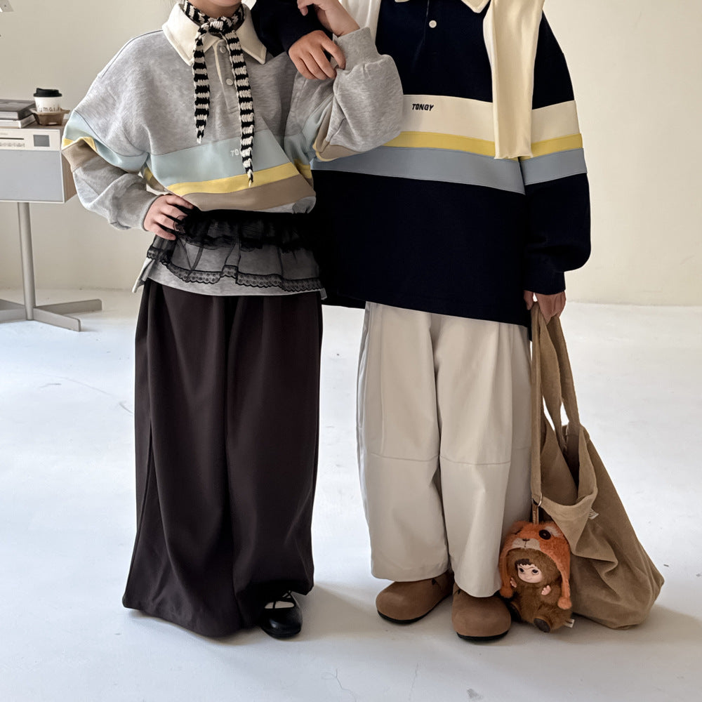 -ビッグボーダー長袖スウェットポロシャツ ロゴ刺繍入り襟付きトップス【mh0010779】 - mamahalo shop - 長袖シャツ・ブラウス -  べビー服 - 子供服 - 男の子 - 女の子