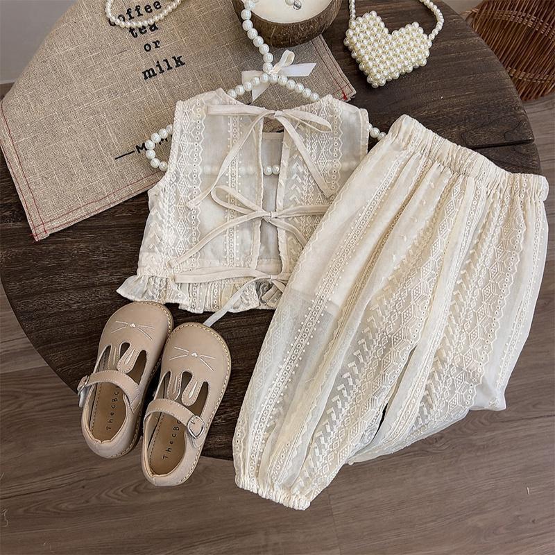 -キッズセットアップ 2点セット バックオープンノースリーブブラウス+ルーズロングパンツ レース刺繍【mh0005730】 - mamahalo shop - ノースリーブセットアップ -  べビー服 - 子供服 - 男の子 - 女の子