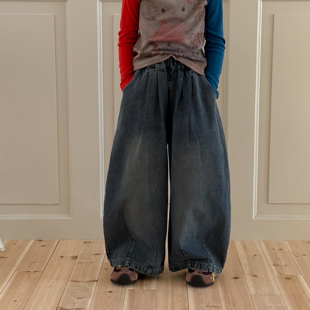 -プリーツ切り替えデニムワイドパンツジーンズ【mh0010767】 - mamahalo shop - デニムパンツ -  べビー服 - 子供服 - 男の子 - 女の子