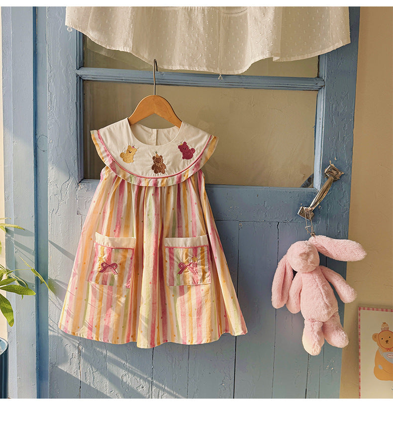 Embroidered Bear Stripe Dress ストライプ ノースリーブワンピース【mh0013652】