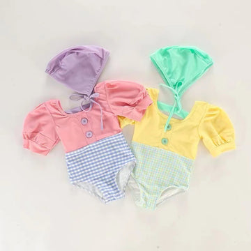 Kids' Check Docking Puff-Sleeve Short-Sleeve One-Piece Swimsuit and Hat Set [mh0000710]