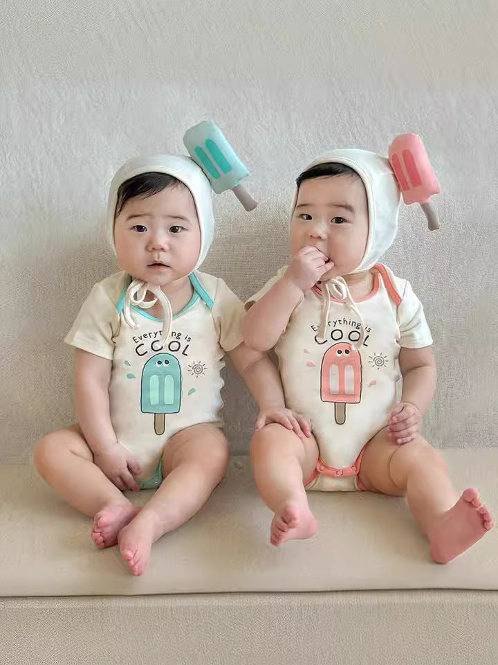 Popsicle Printed Bonnet Short Sleeve Romper アイスクリーム 半袖ロンパース【mh0013375】