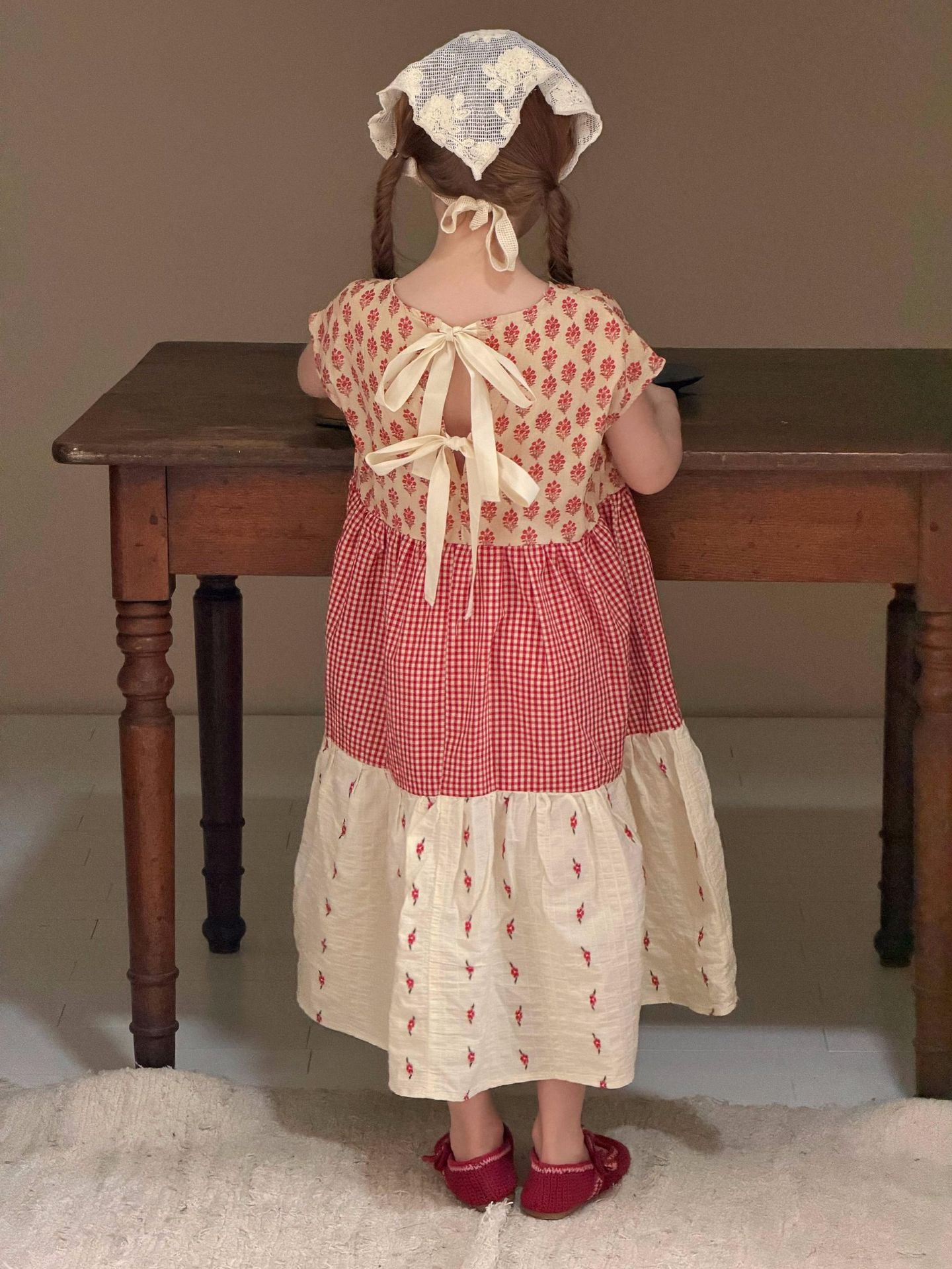 Gingham Floral Tiered Dress 花柄 ギンガム 半袖ワンピース【mh0012873】