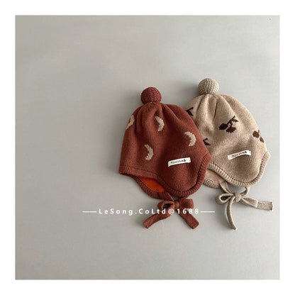 ベビー帽子 チェリー/ムーン月 ニット 耳当て付き ニットキャップ【mh0011829】