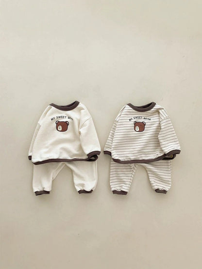 Conjunto de camiseta de manga larga y pantalón largo con estampado de osito para bebé y niños 【mh0014630】