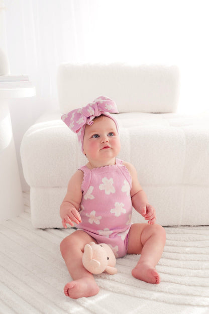 ノースリーブニットロンパース 花柄 ジャカードニット ボディスーツ ヘアバンド【mh0011857】