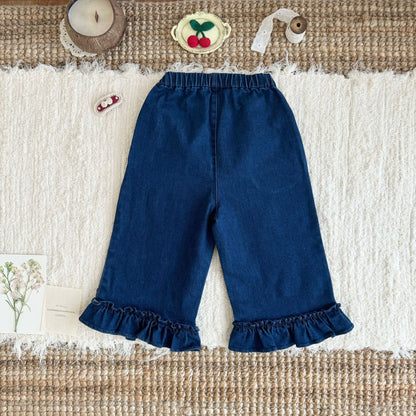 キッズ フラワー チェリー 刺繍 フリル ニット ベスト 長袖 ブラウス ワイド デニムパンツ【mh0014607】
