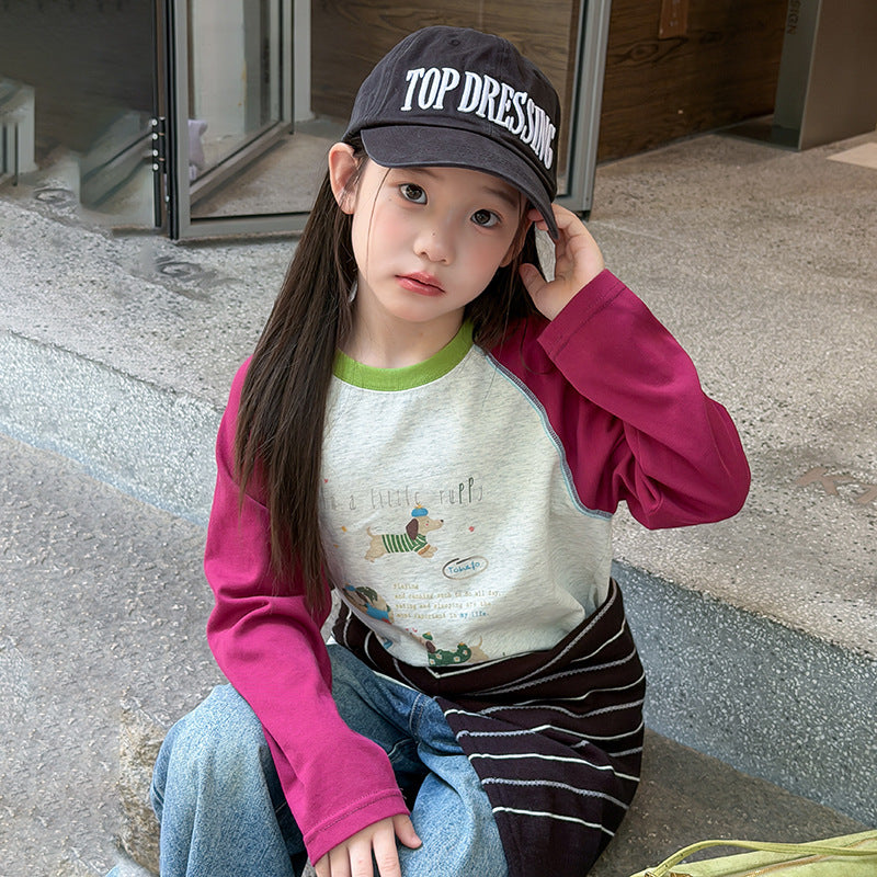 キッズ ジュニア 配色 バイカラー ラグラン プリント 長袖Tシャツ【mh0014416】