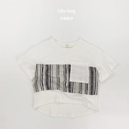 Short Sleeve Pocket Top, Striped Shorts, Geometric Pattern, Striped Short Sleeve Set Up [mh0012829]