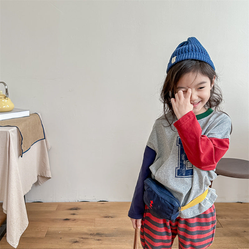 Kids Tops Long Sleeve T-Shirt Patchwork Letter Logo Print 2 Colors