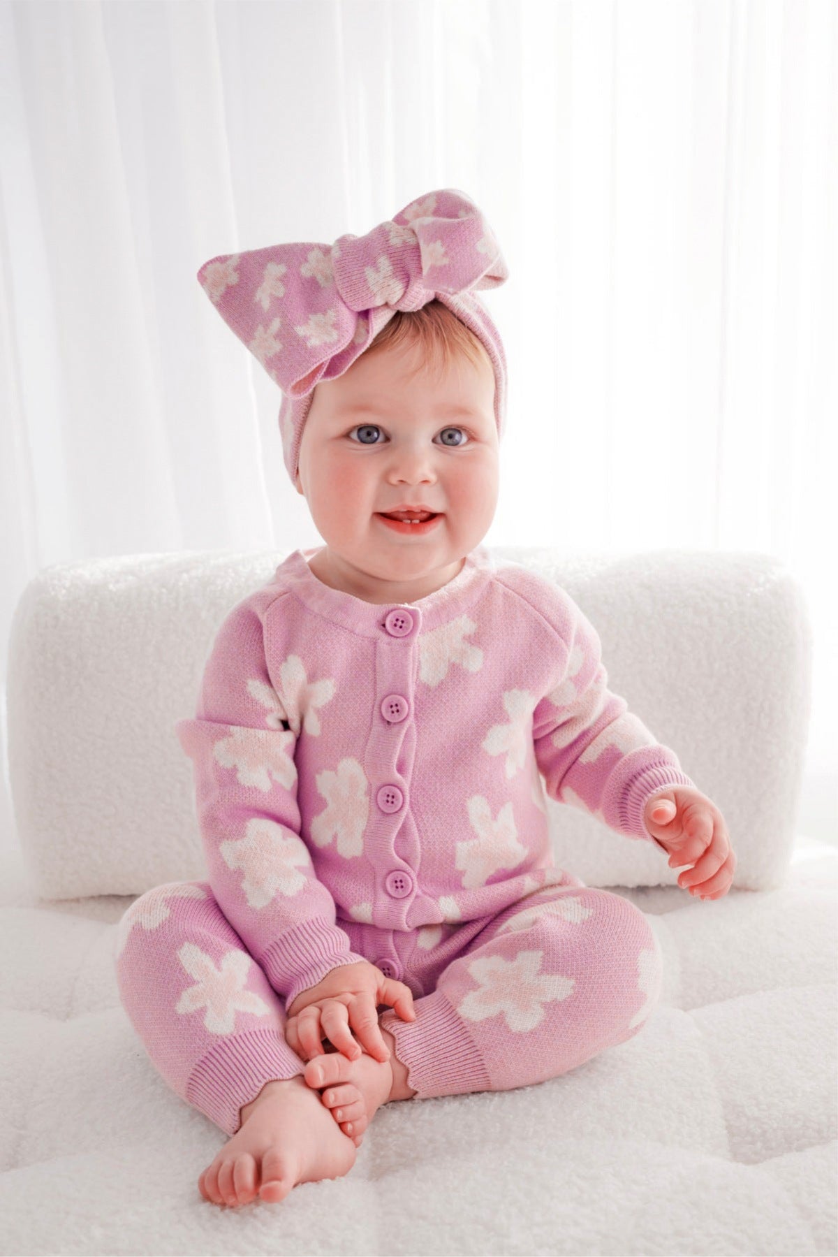 長袖ニットロンパース 花柄 ジャカードニット ジャンプスーツ ヘアバンド【mh0011856】