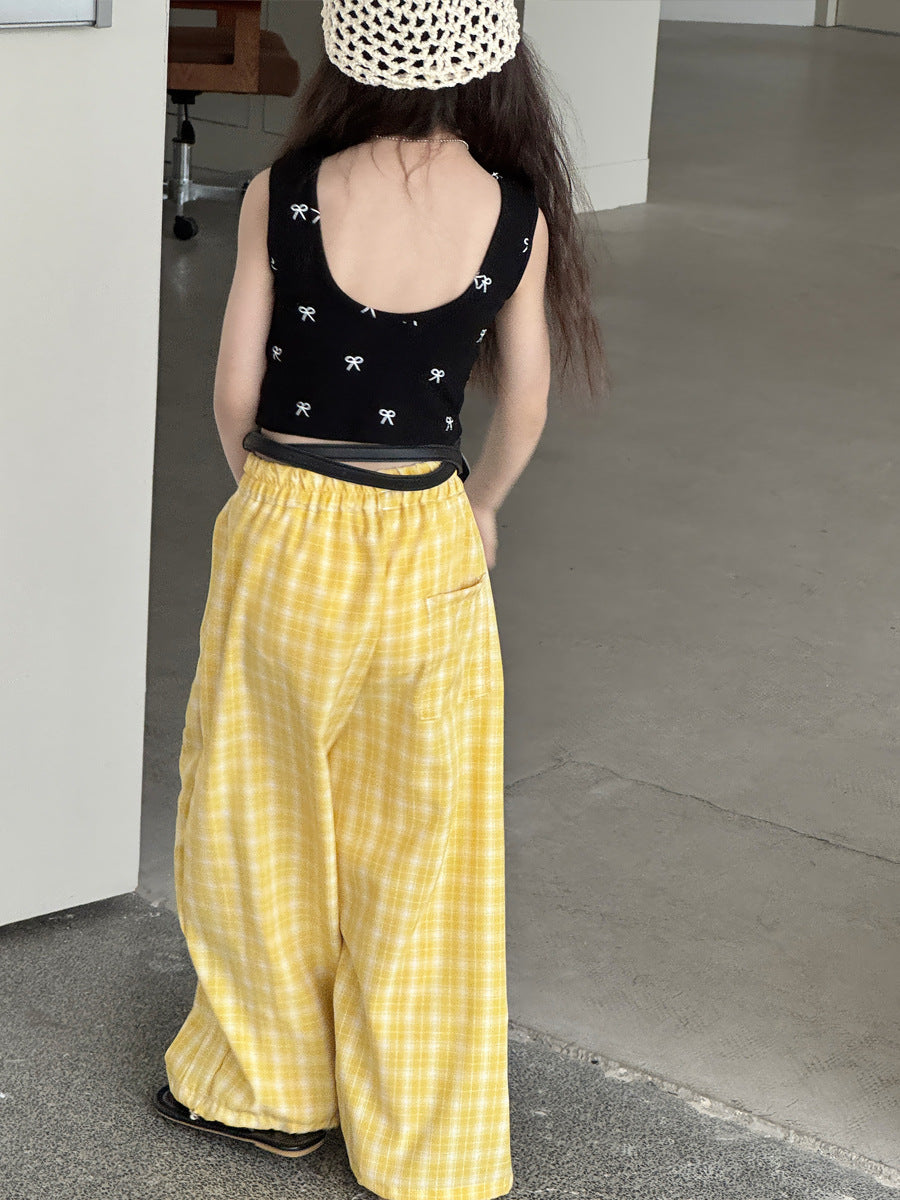 Ribbon Print Crop Top リボン ノースリーブTシャツ【mh0013064】