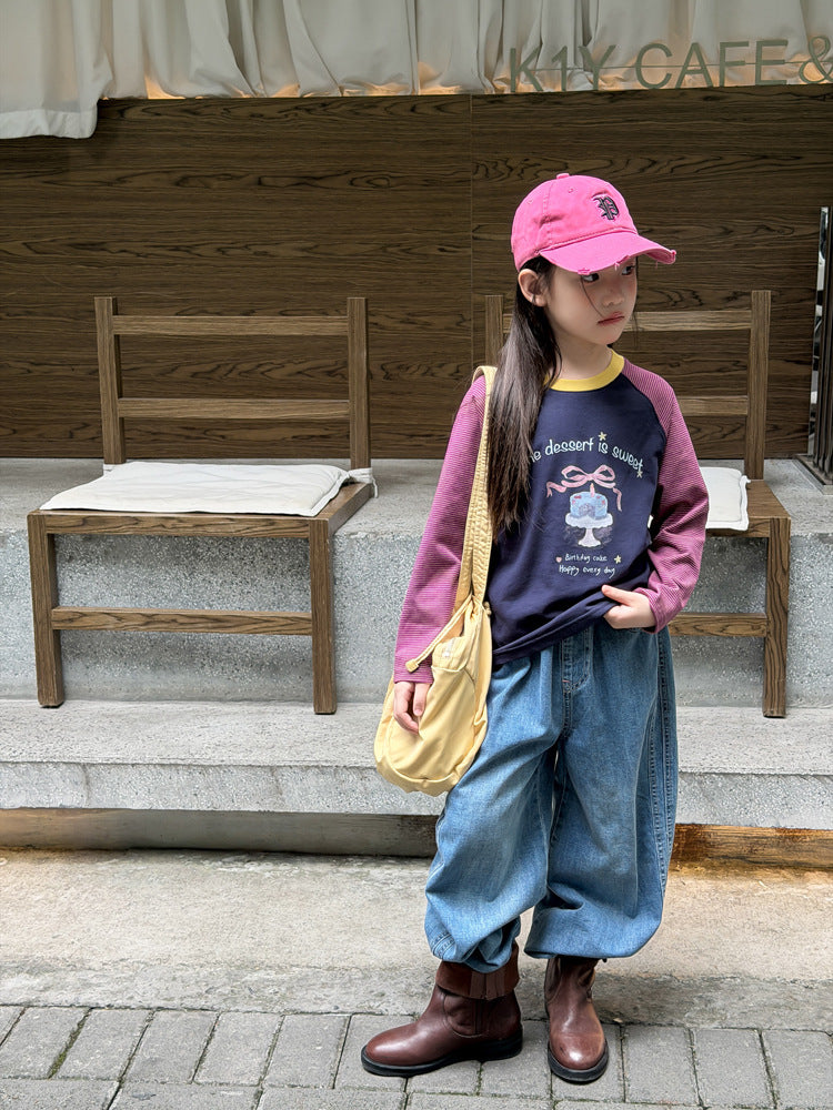 キッズ ジュニア 配色 バイカラー ラグラン プリント 長袖Tシャツ【mh0014416】