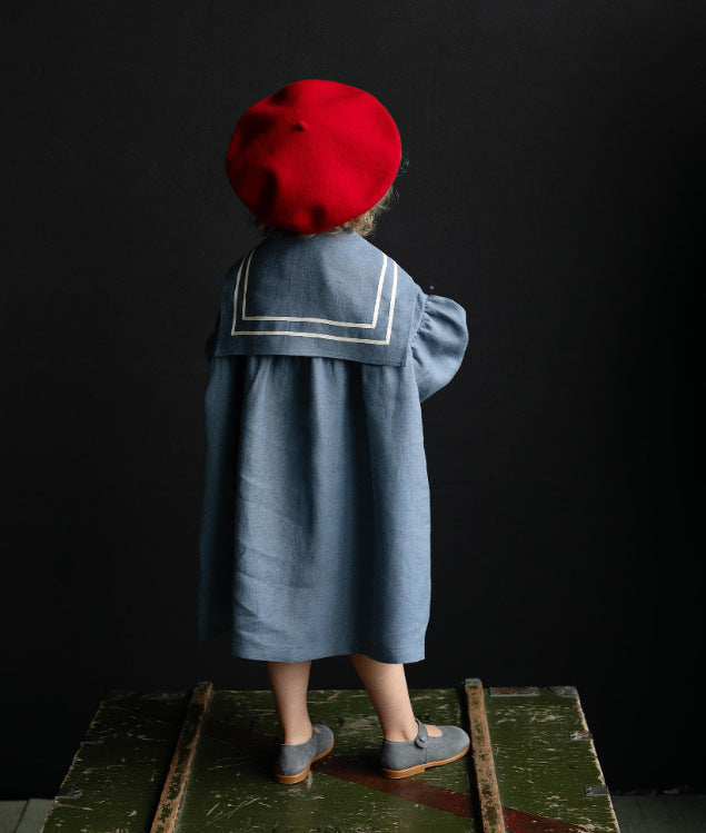 Kids' Sailor Collar Detachable Puff Sleeve Linen A-Line Long-Sleeved Dress [mh0013876]
