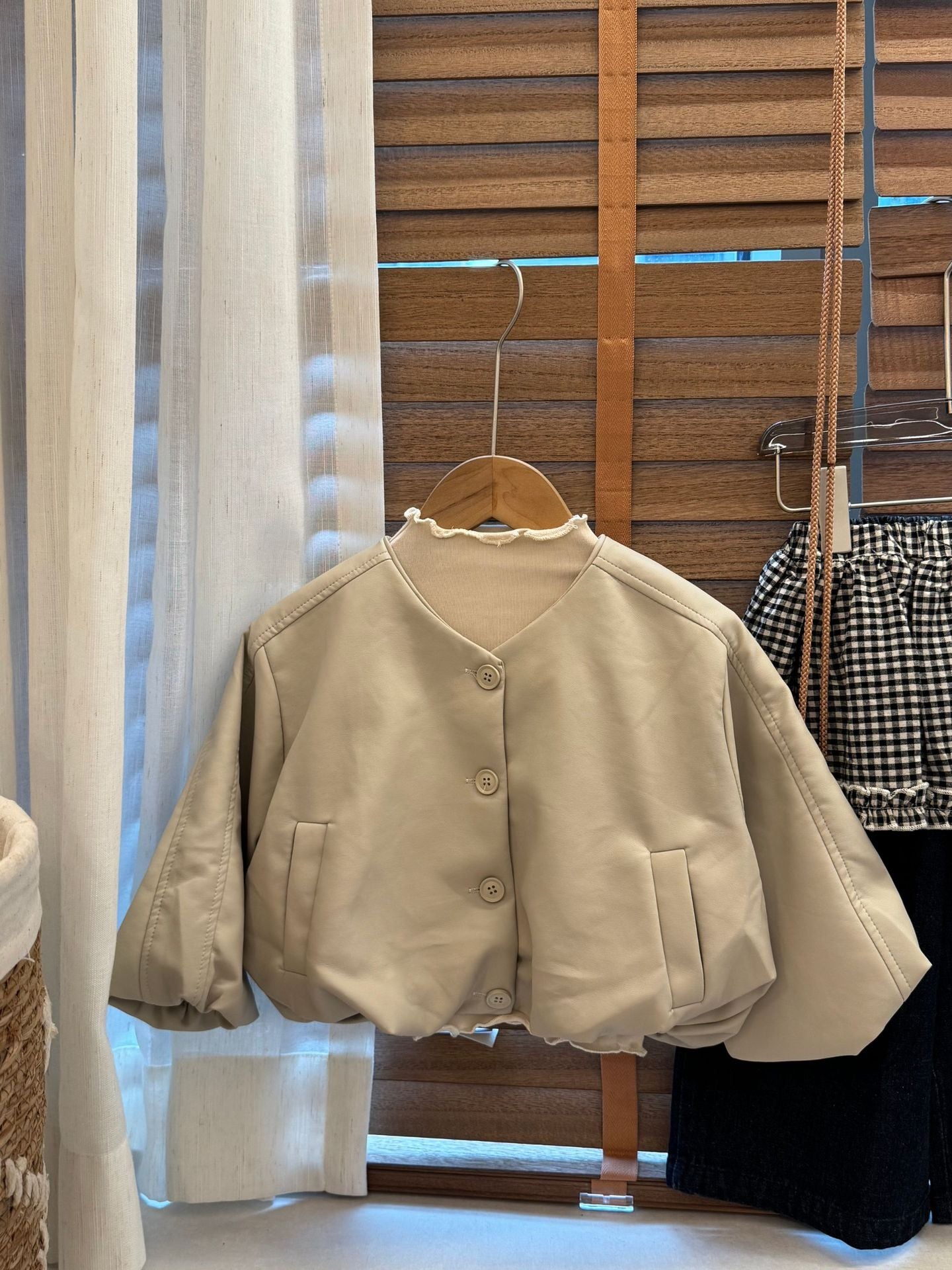 キッズ ノーカラー バルーンシルエット フェイクレザー ジャケット インナー キャミソールワンピース【mh0013895】