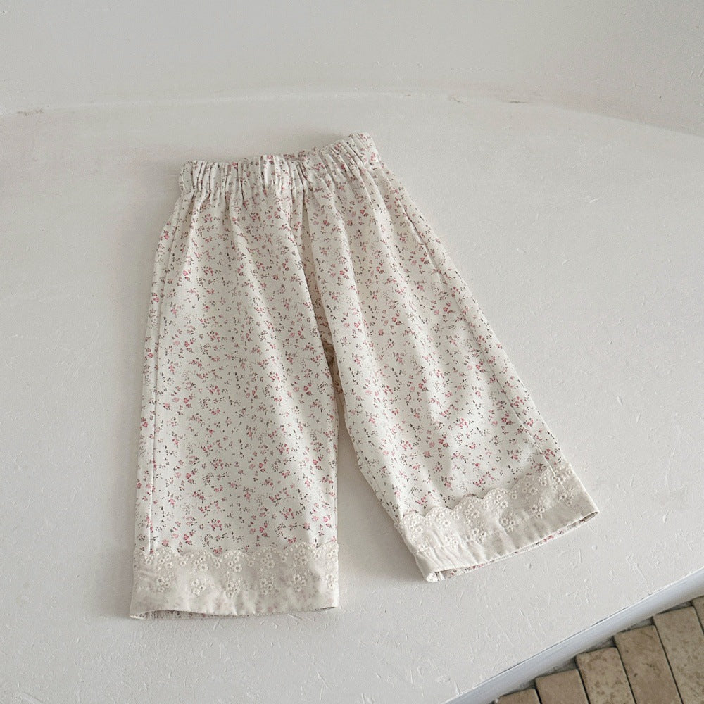 Baby Kids Floral Hem Lace Easy Wide Pants【mh0014357】