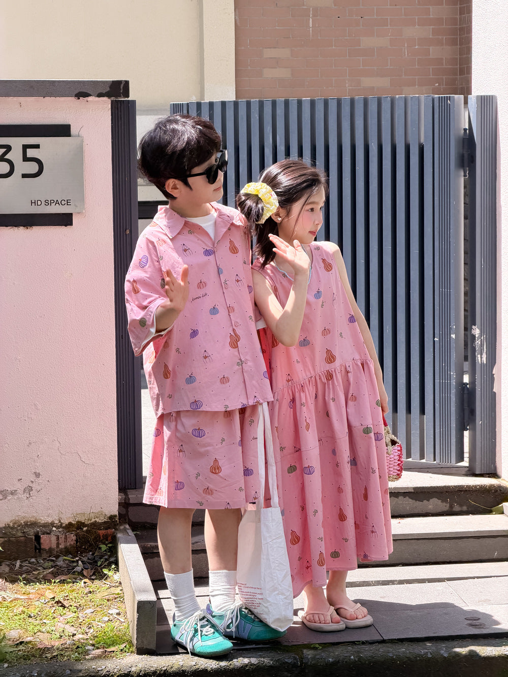 Pumpkin Mixed Vegetable Print Set Dress ベジタブル 半袖シャツ ハーフパンツ ノースリーブワンピース【mh0013527】