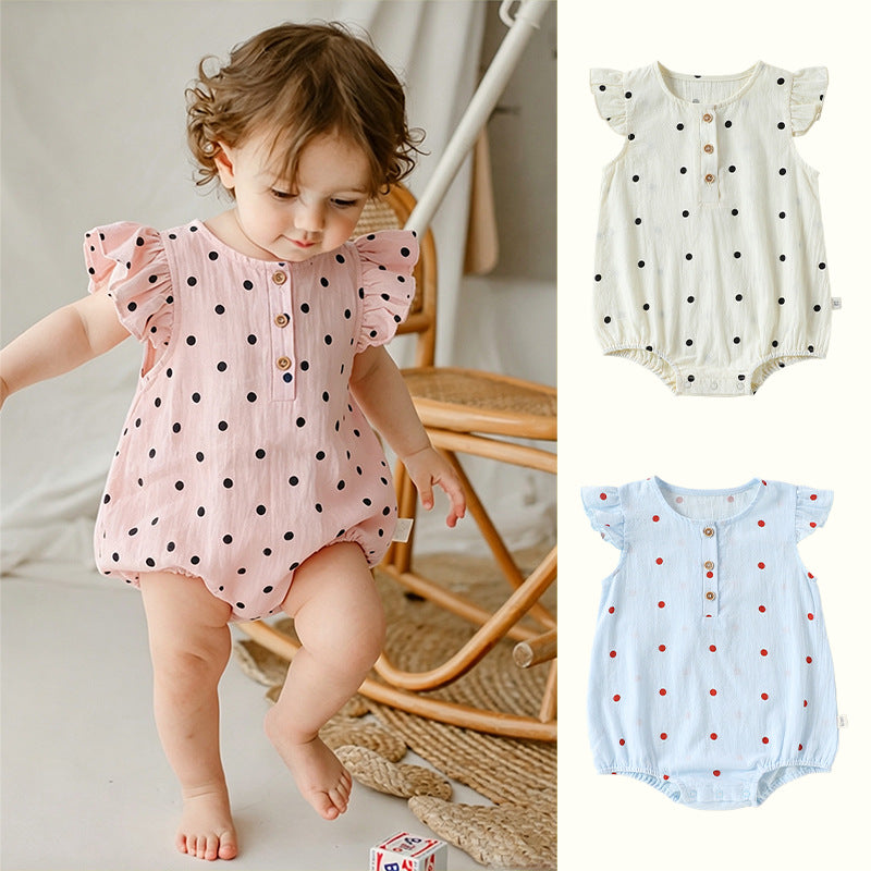 Dot Print Cotton Romper ガーゼ ドット 半袖ロンパース【mh0013040】