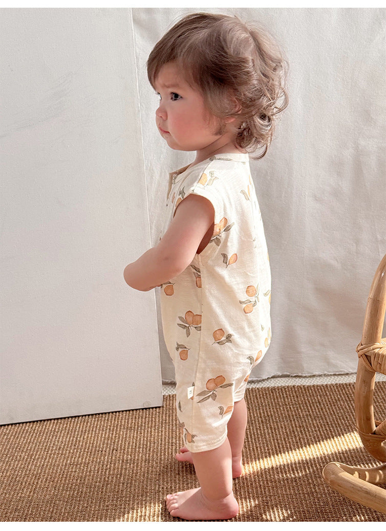 Sleeveless Nature Print Cotton Romper フルーツ ノースリーブロンパース【mh0013601】