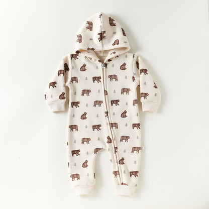 長袖ジャンプスーツ フーディジップアップ クマ柄 裏起毛【mh0011714】