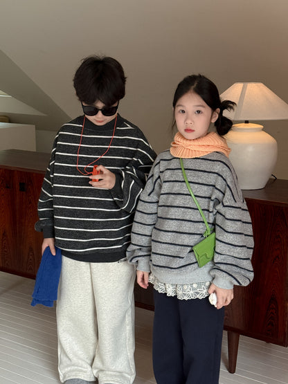 長袖スウェットシャツ キッズ ボーダー柄 裏起毛 厚手 クルーネック ルーズフィット【mh0011671】