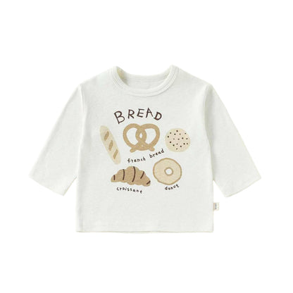 生成りのベビー用長袖Tシャツ、パンのプリント（BREADなど）